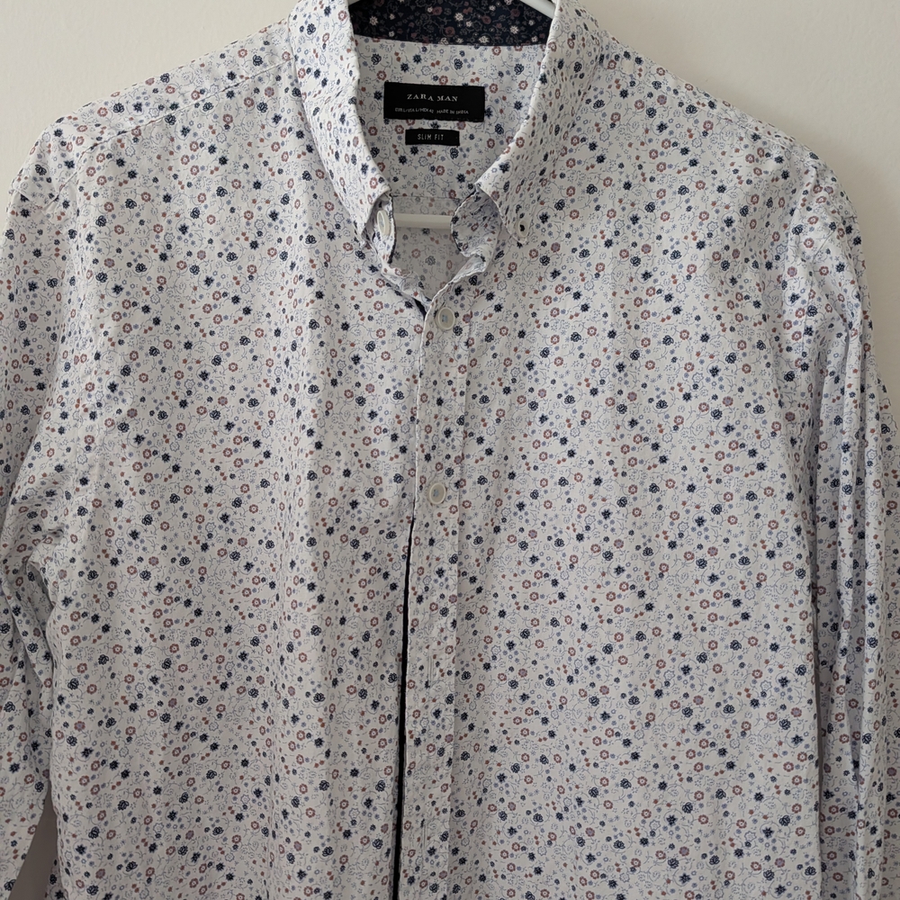 Zara Men's White Shirt with Blue and Red Flowers
